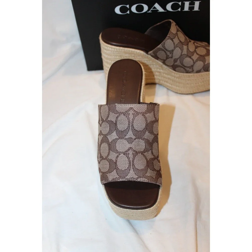 COACH Women Suede Espadrille Platform Wedge Slide Sandals OAK MAPLE NEW 9